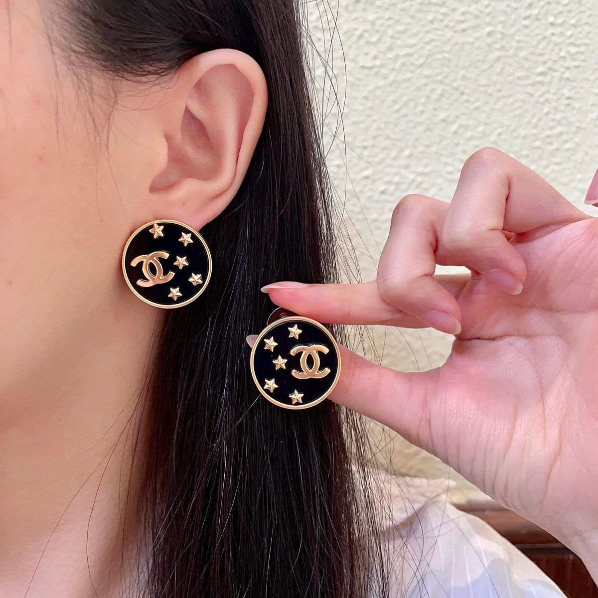 Double-C Emblem Stud Earrings in Polished Metal-Tone – Star Detail – Design 008 main product view