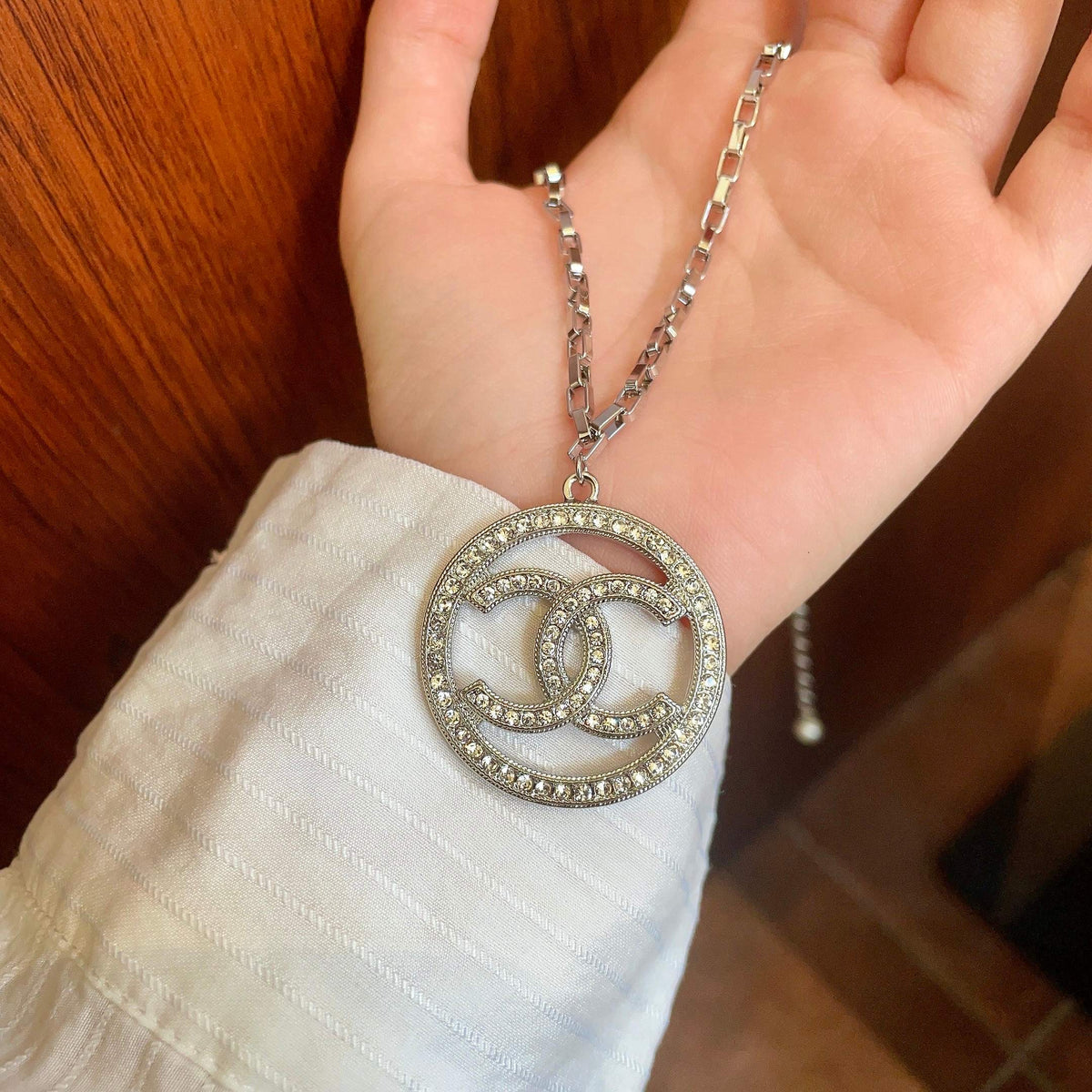 Double-C Emblem Crystal-Accent Pendant Necklace – Design 013 side detail