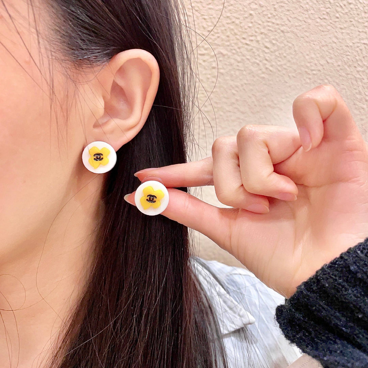 Camellia Stud Earrings in Polished Metal-Tone – Camellia Detail – Design 045 main product view