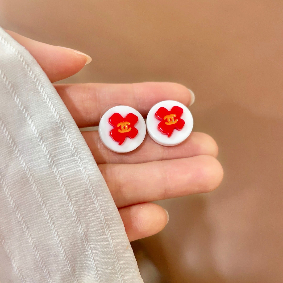 Camellia Stud Earrings in Polished Metal-Tone – Camellia Detail – Design 044 side detail