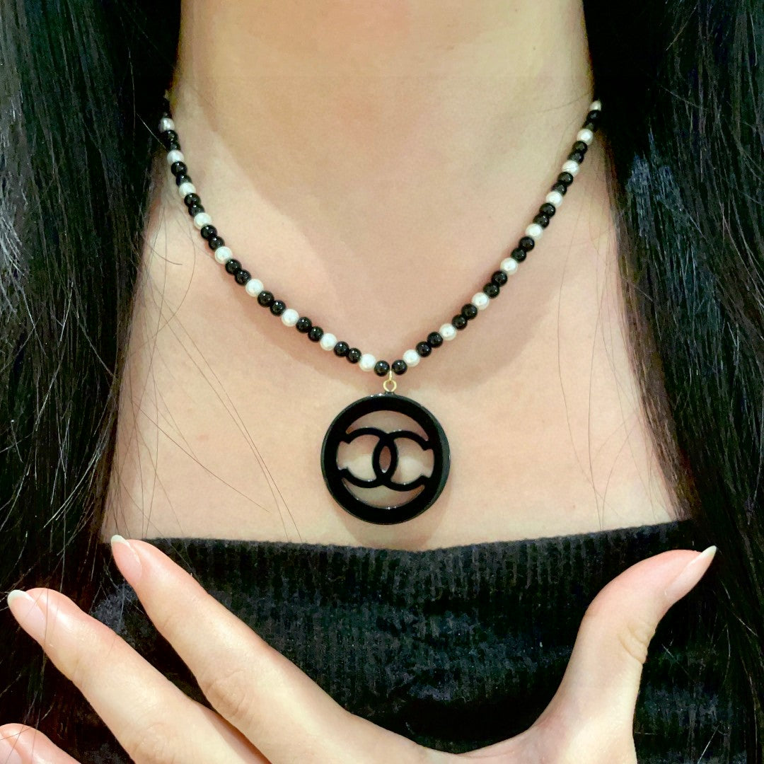 Double-C Emblem Pearl-Detail Pendant Necklace – Pearl Detail – Design 006 front product view