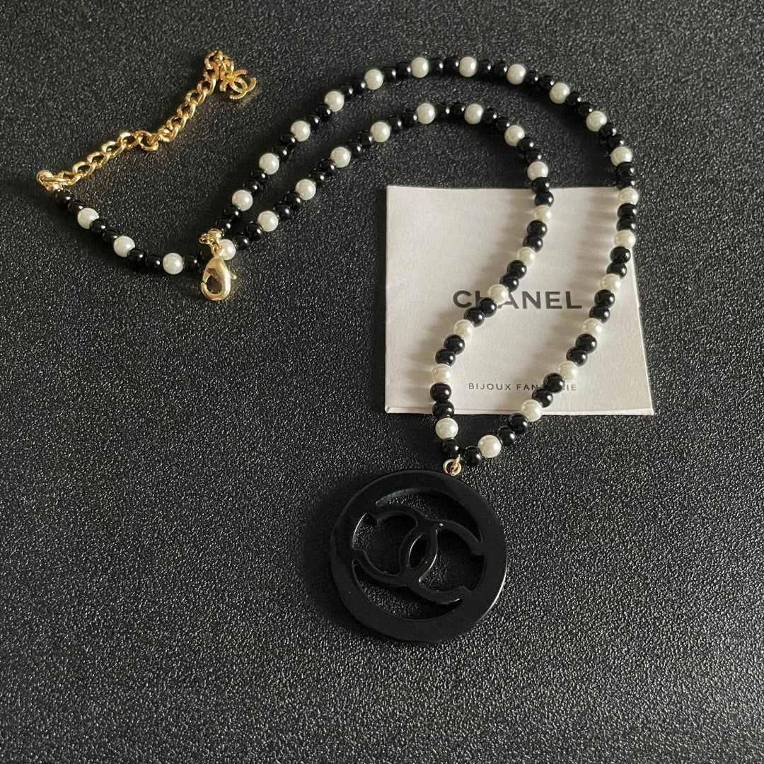 Double-C Emblem Pearl-Detail Pendant Necklace – Pearl Detail – Design 006 front product view