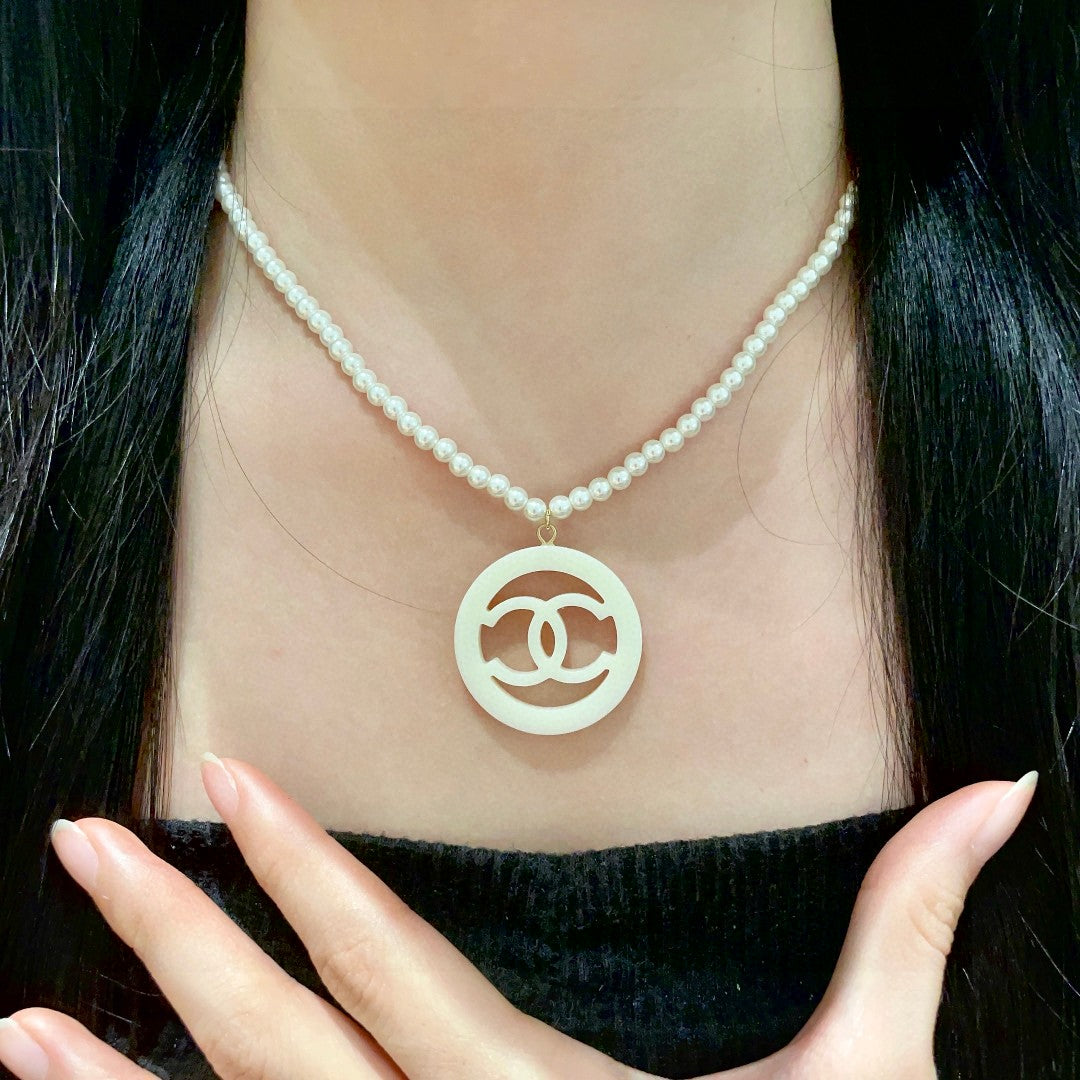 Double-C Emblem Pearl-Detail Pendant Necklace – Pearl Detail – Design 098 front product view