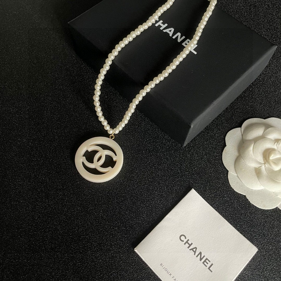 Double-C Emblem Pearl-Detail Pendant Necklace – Pearl Detail – Design 098 close-up detail
