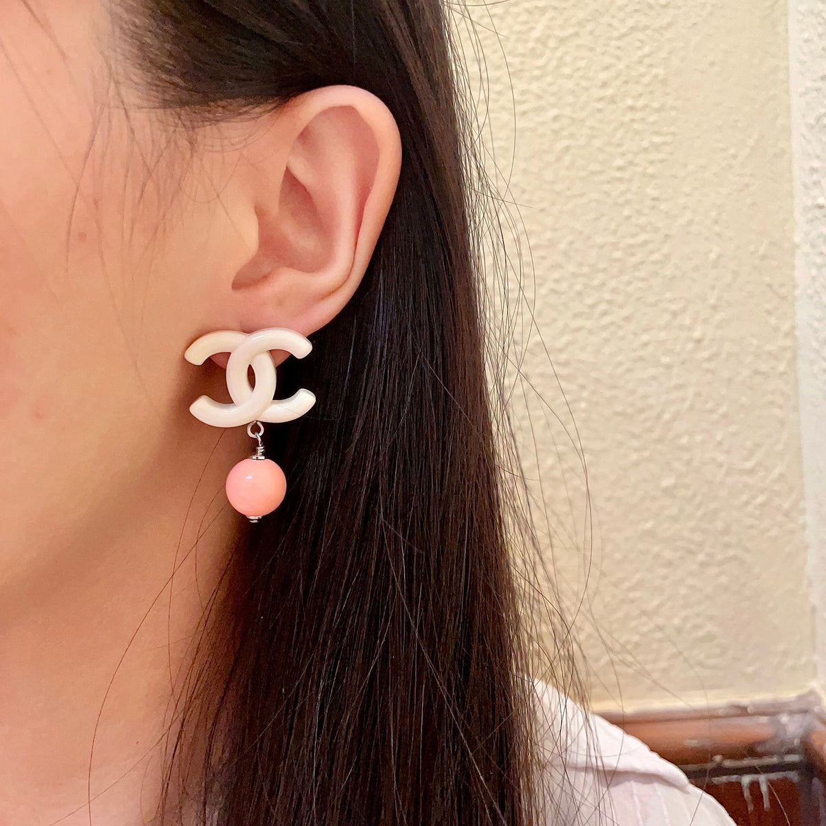 Double-C Emblem Pearl-Detail Statement Earrings – Pearl Detail – Design 026 detail view