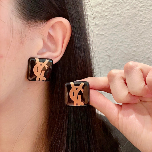Letter Emblem Stud Earrings in Polished Metal-Tone – Design 001 main product view