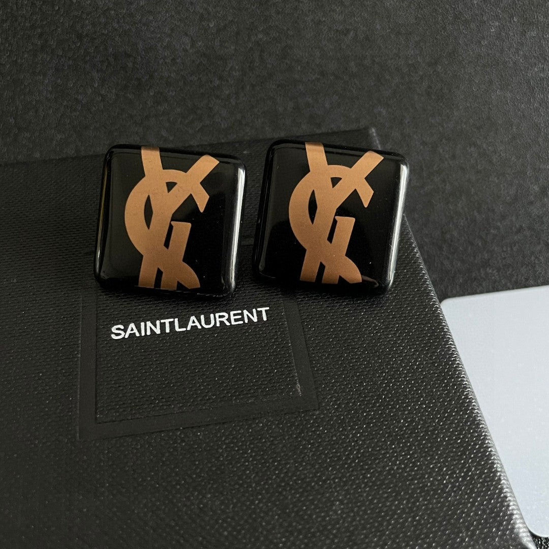 Letter Emblem Stud Earrings in Polished Metal-Tone – Design 019 detail view