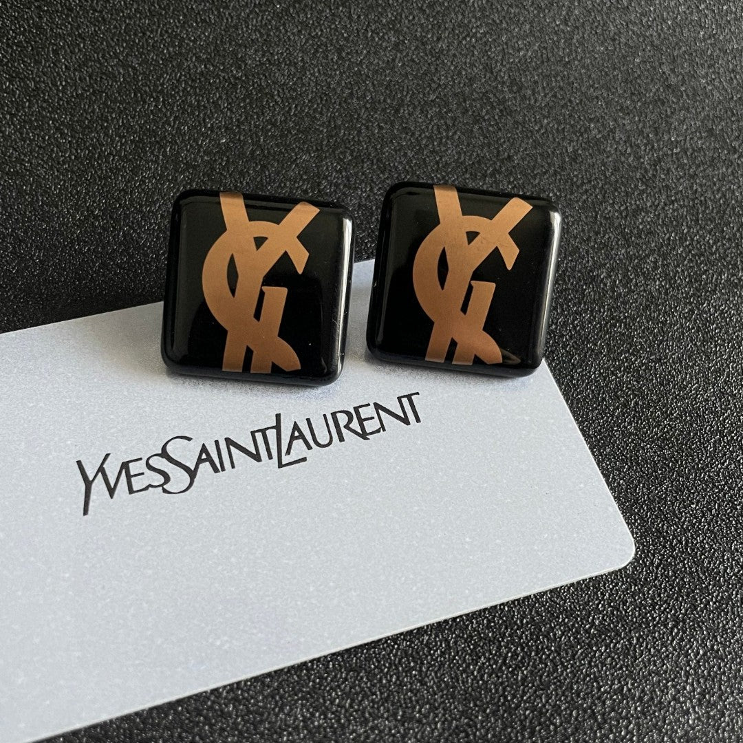 Letter Emblem Stud Earrings in Polished Metal-Tone – Design 001 front product view