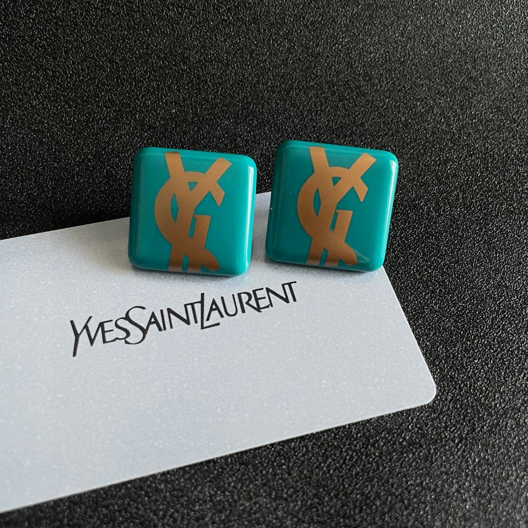 Letter Emblem Stud Earrings in Polished Metal-Tone – Design 013 front product view