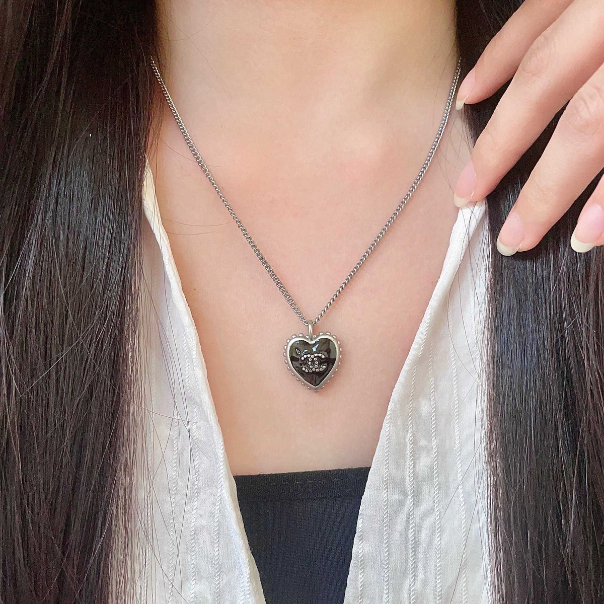 Double-C Emblem Pendant Necklace in Polished Metal-Tone – Heart Detail – Design 005 main product view