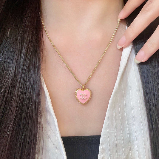 Double-C Emblem Pendant Necklace in Polished Metal-Tone – Heart Detail – Design 002 main product view