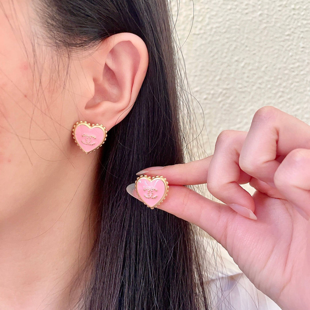 Double-C Emblem Stud Earrings in Polished Metal-Tone – Heart Detail – Design 011 main product view
