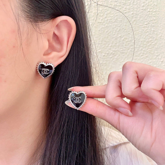 Double-C Emblem Stud Earrings in Polished Metal-Tone – Heart Detail – Design 010 main product view