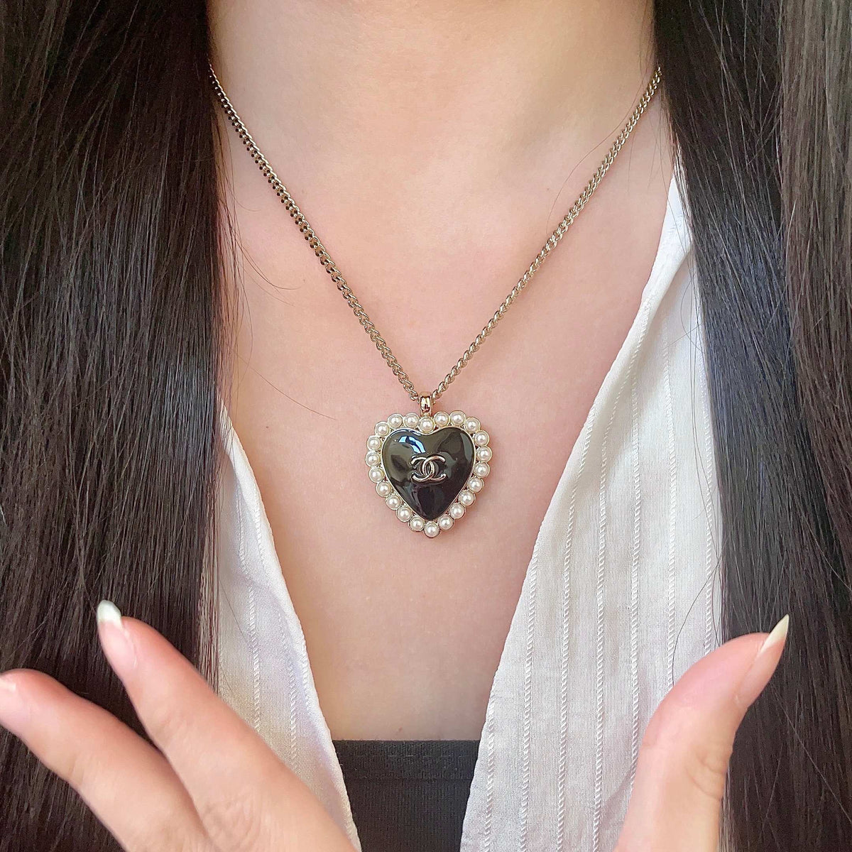 Double-C Emblem Pearl-Detail Pendant Necklace – Pearl Detail – Design 024 front product view