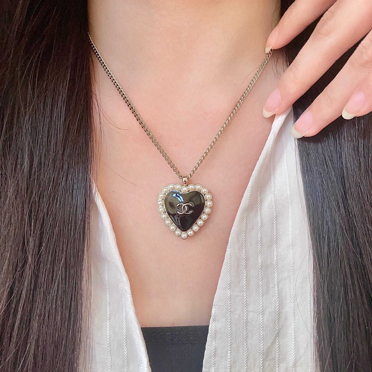 Double-C Emblem Pearl-Detail Pendant Necklace – Pearl Detail – Design 024 main product view