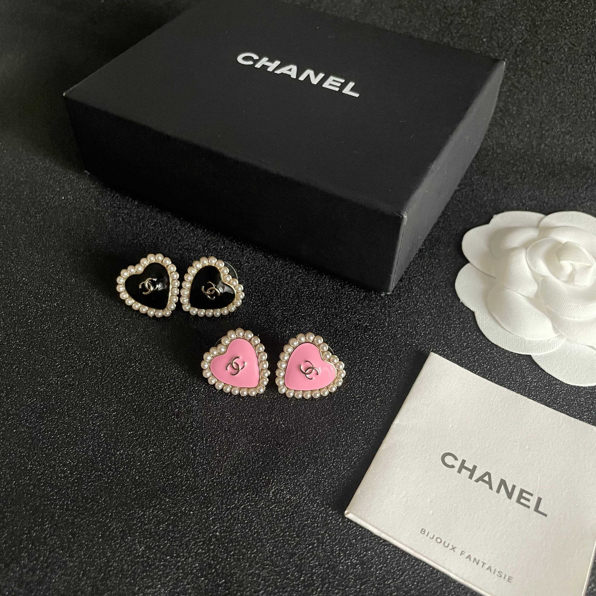 Double-C Emblem Pearl-Detail Stud Earrings – Pearl Detail – Design 022 close-up detail