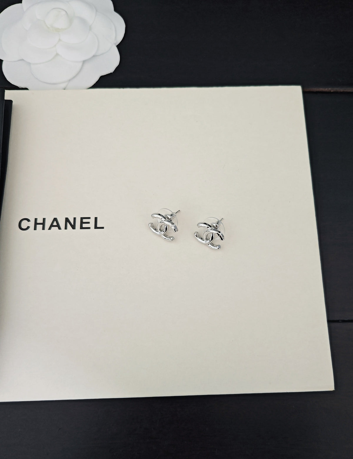 Signature Emblem Stud Earrings in Gold-Tone – White Detail – Design 002 side detail