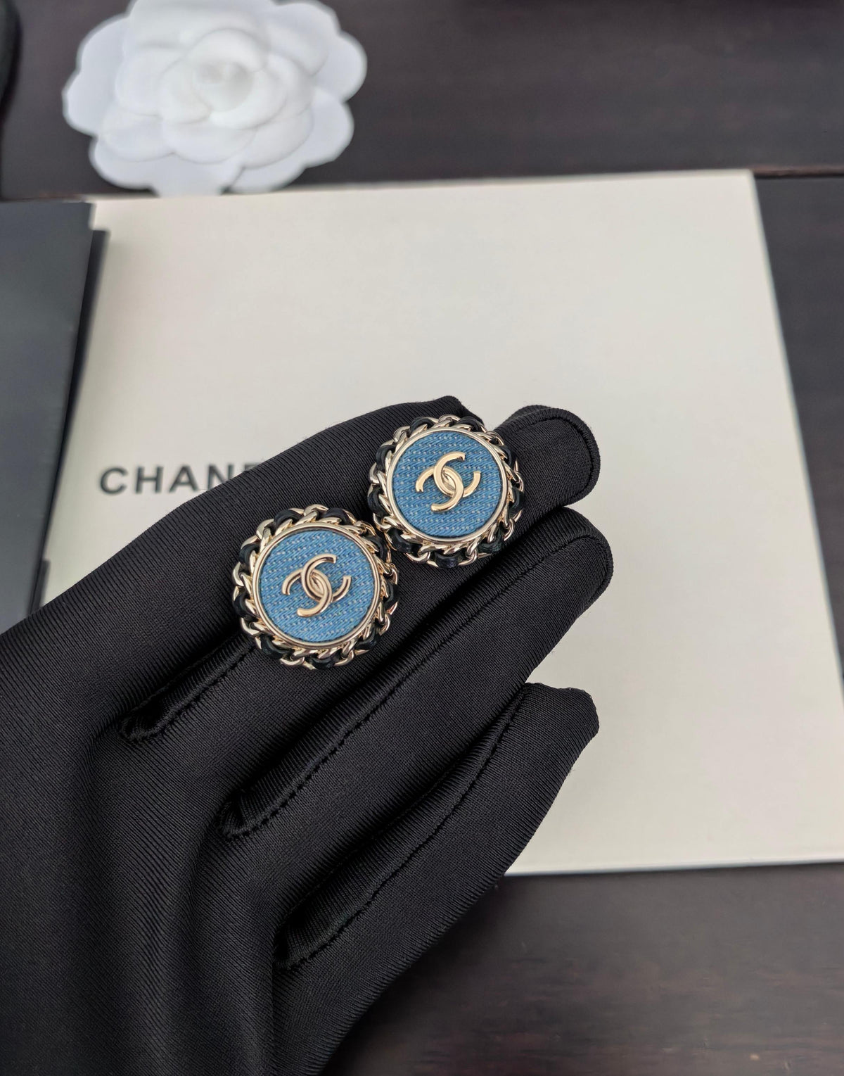 Round Stud Earrings in Gold-Tone – Blue Detail side detail