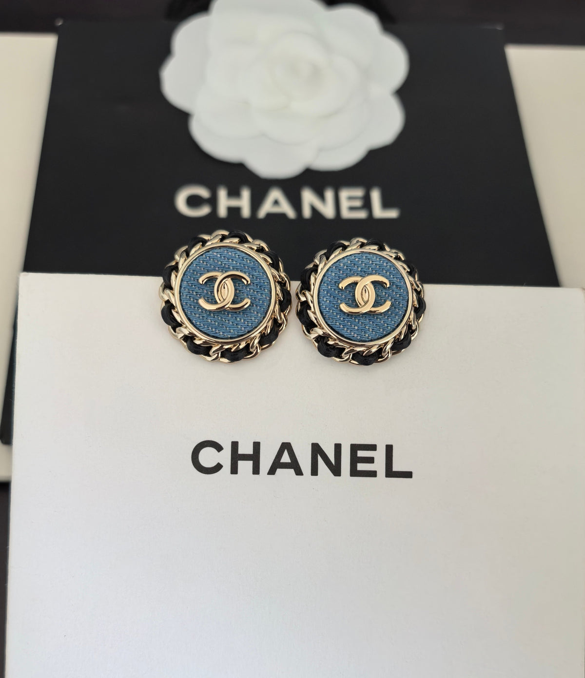 Round Stud Earrings in Gold-Tone – Blue Detail styled product view