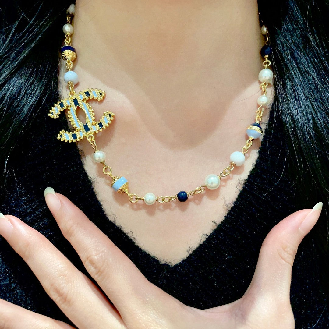 Double-C Emblem Pearl-Detail Pendant Necklace – Pearl Detail – Design 088 side detail