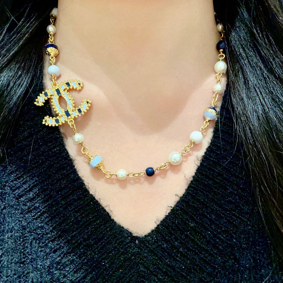 Double-C Emblem Pearl-Detail Pendant Necklace – Pearl Detail – Design 088 close-up detail