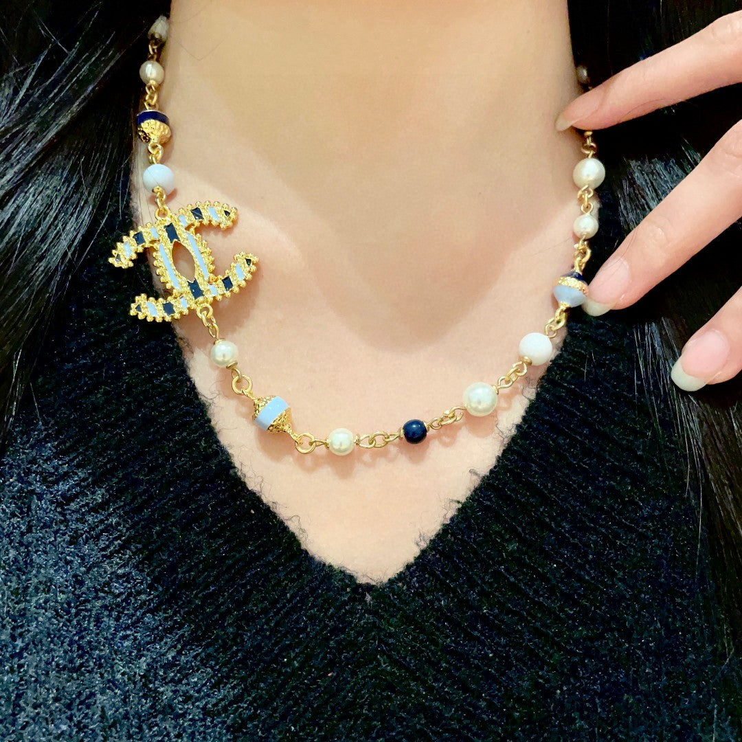 Double-C Emblem Pearl-Detail Pendant Necklace – Pearl Detail – Design 088 detail view