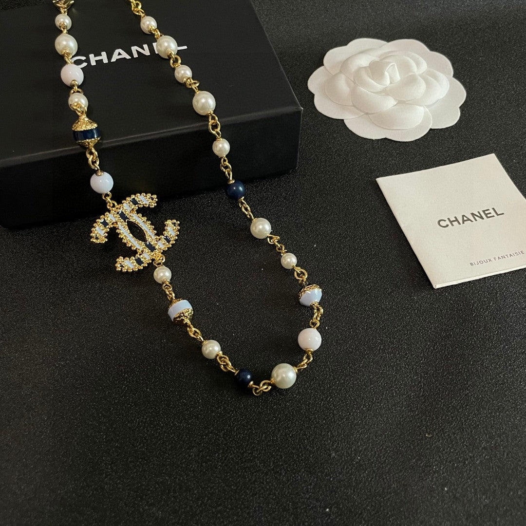 Double-C Emblem Pearl-Detail Pendant Necklace – Pearl Detail – Design 088 front product view