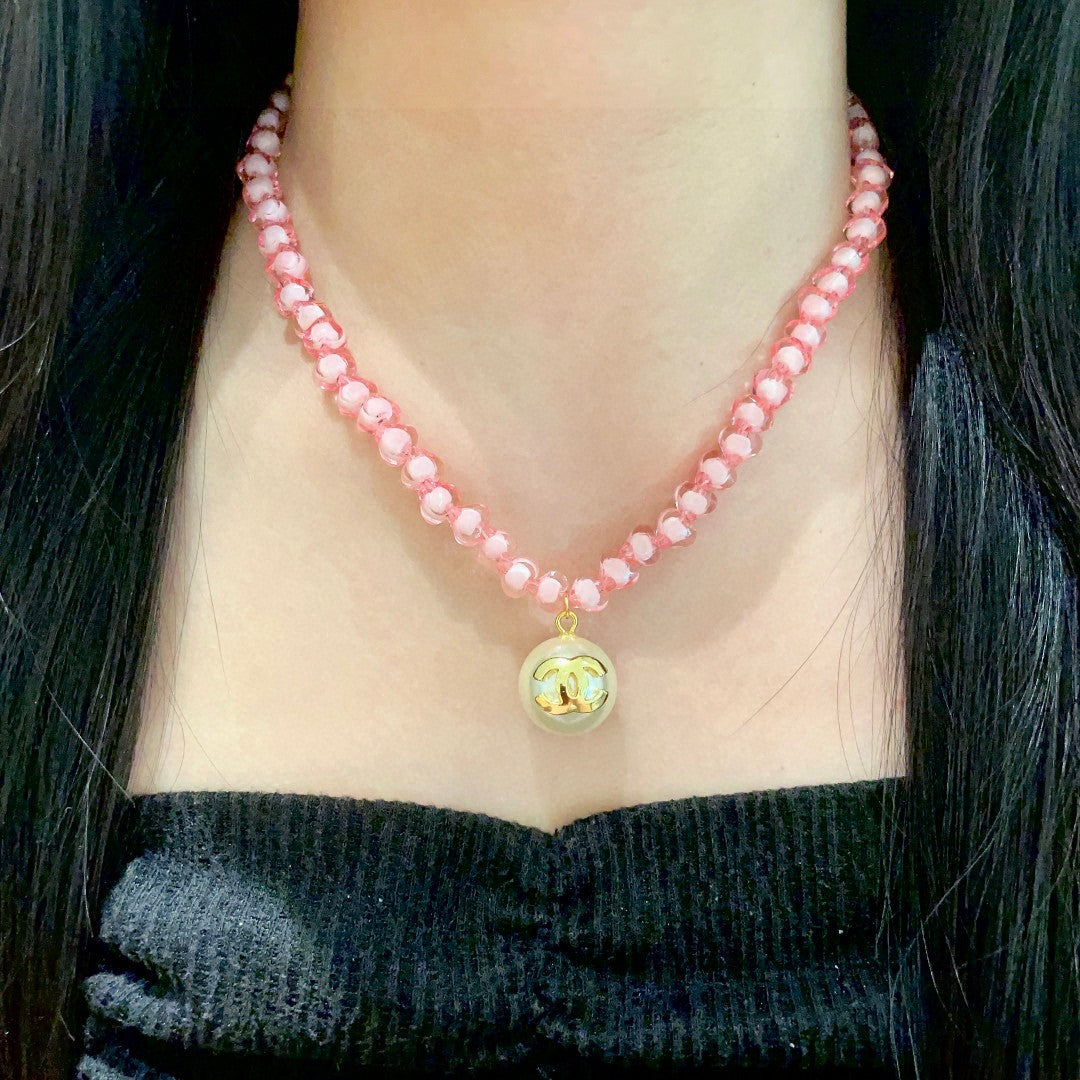 Double-C Emblem Pearl-Detail Pendant Necklace – Pearl Detail – Design 087 detail view