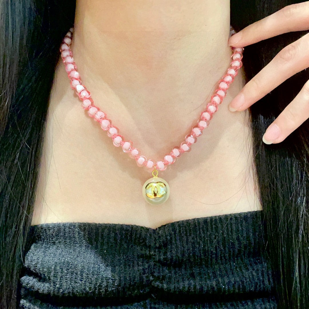 Double-C Emblem Pearl-Detail Pendant Necklace – Pearl Detail – Design 092 main product view