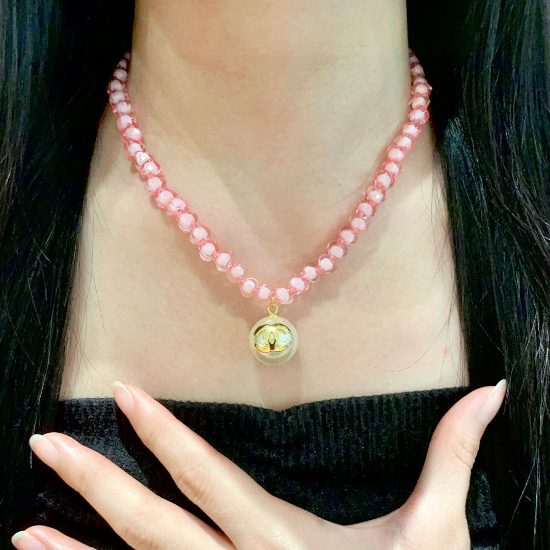Double-C Emblem Pearl-Detail Pendant Necklace – Pearl Detail – Design 087 front product view