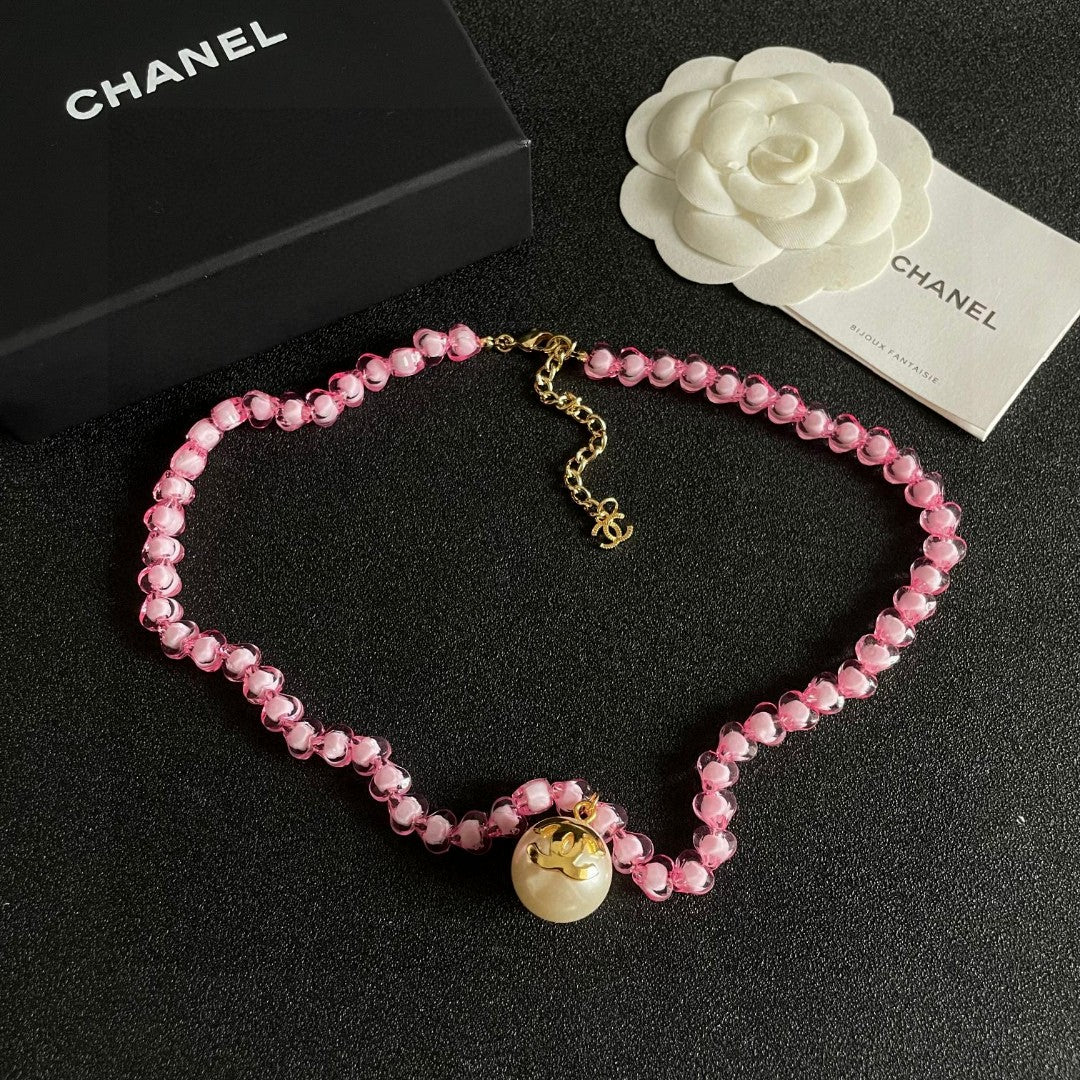 Double-C Emblem Pearl-Detail Pendant Necklace – Pearl Detail – Design 092 detail view