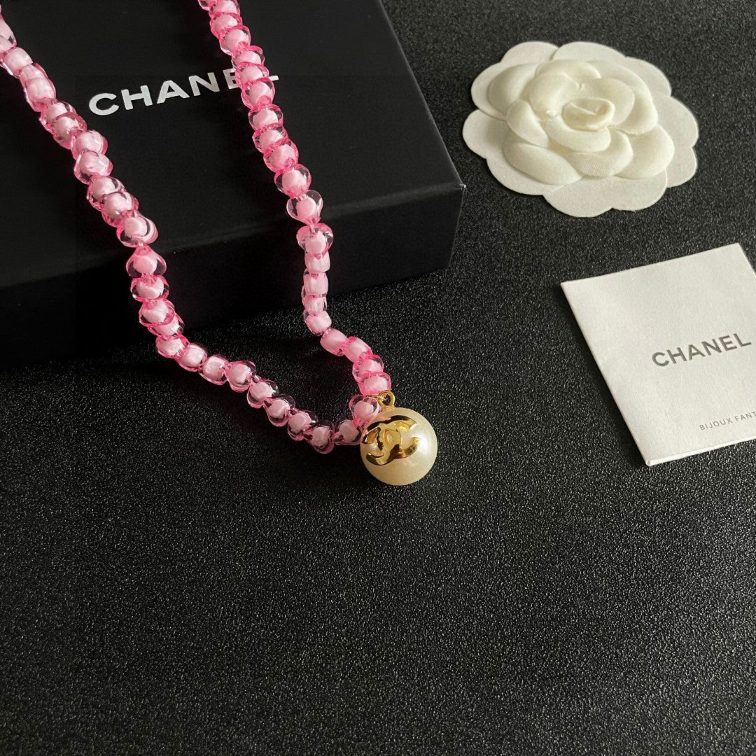 Double-C Emblem Pearl-Detail Pendant Necklace – Pearl Detail – Design 087 styled product view