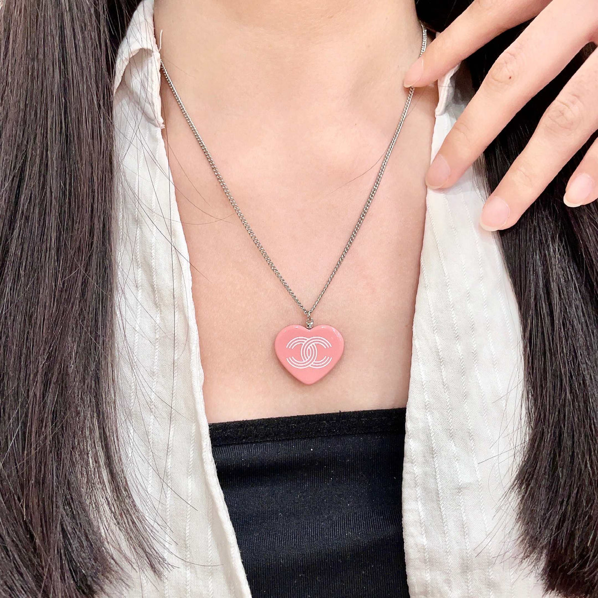 Double-C Emblem Pendant Necklace in Polished Metal-Tone – Heart Detail – Design 007 main product view