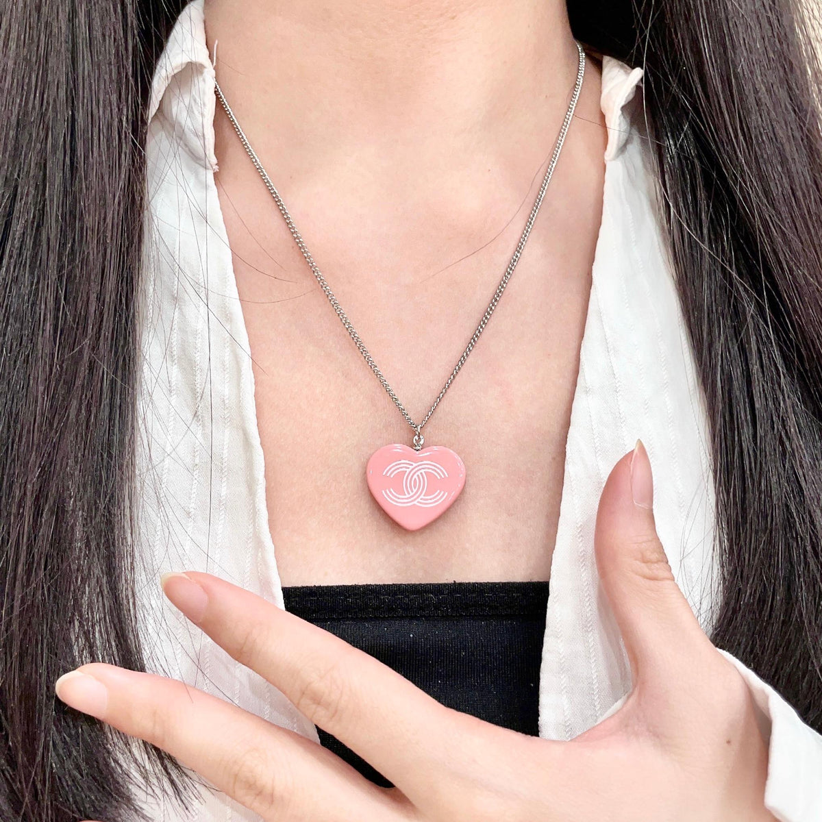 Double-C Emblem Pendant Necklace in Polished Metal-Tone – Heart Detail – Design 007 front product view