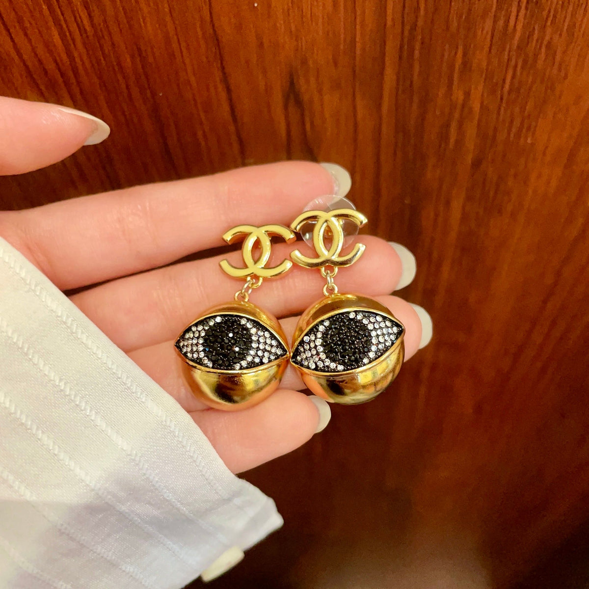 Double-C Emblem Statement Earrings in Polished Metal-Tone – Design 023 detail view