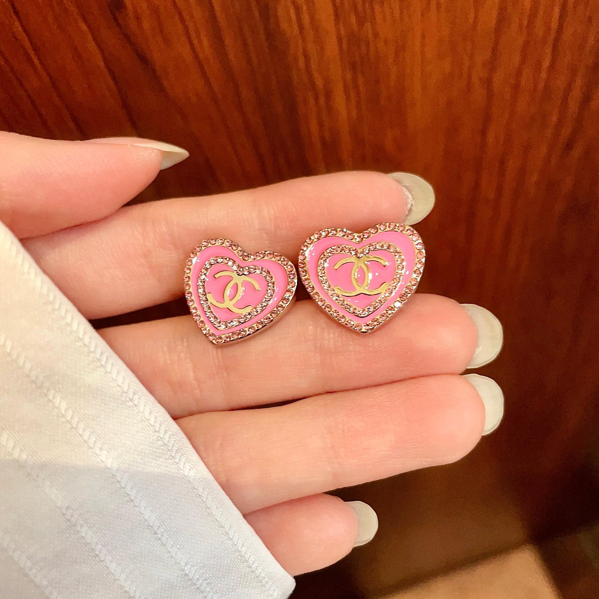 Double-C Emblem Crystal-Accent Stud Earrings – Heart Detail – Design 003 side detail