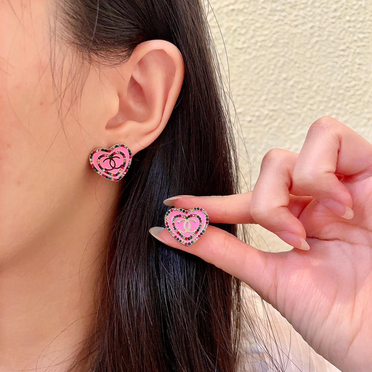 Double-C Emblem Crystal-Accent Stud Earrings – Heart Detail – Design 002 main product view