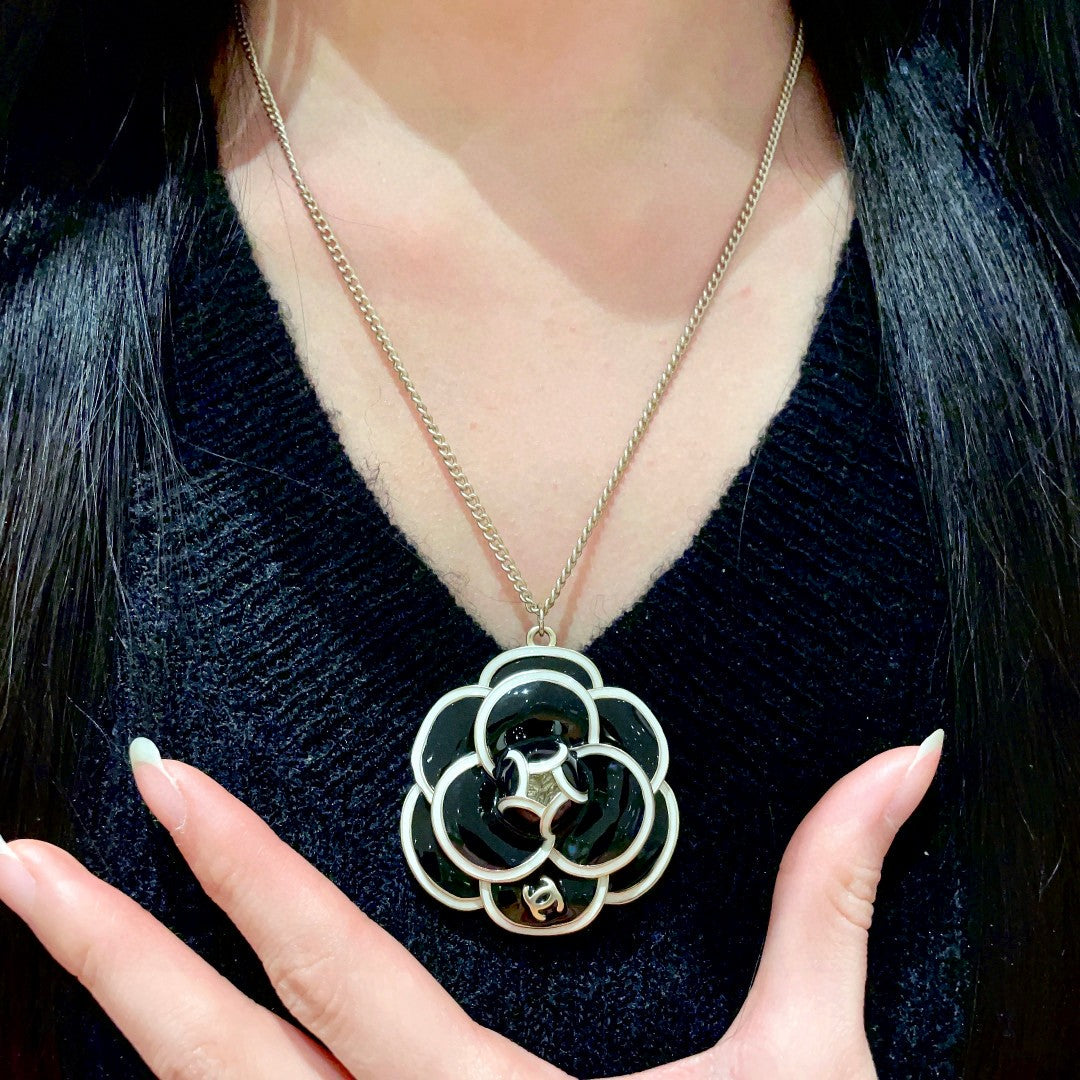 Camellia Pendant Necklace in Polished Metal-Tone – Camellia Detail – Design 027 front product view