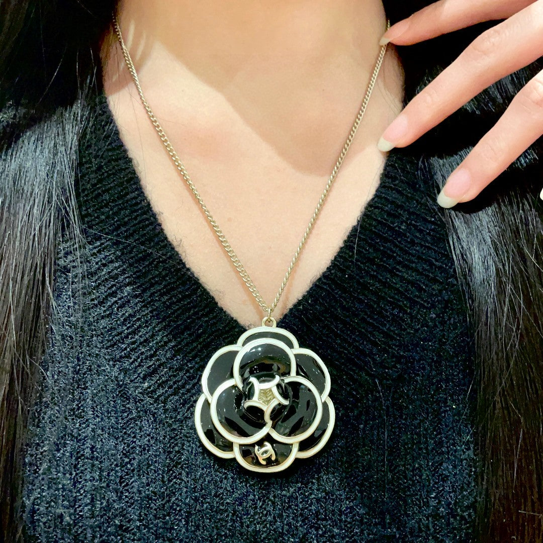 Camellia Pendant Necklace in Polished Metal-Tone – Camellia Detail – Design 027 main product view