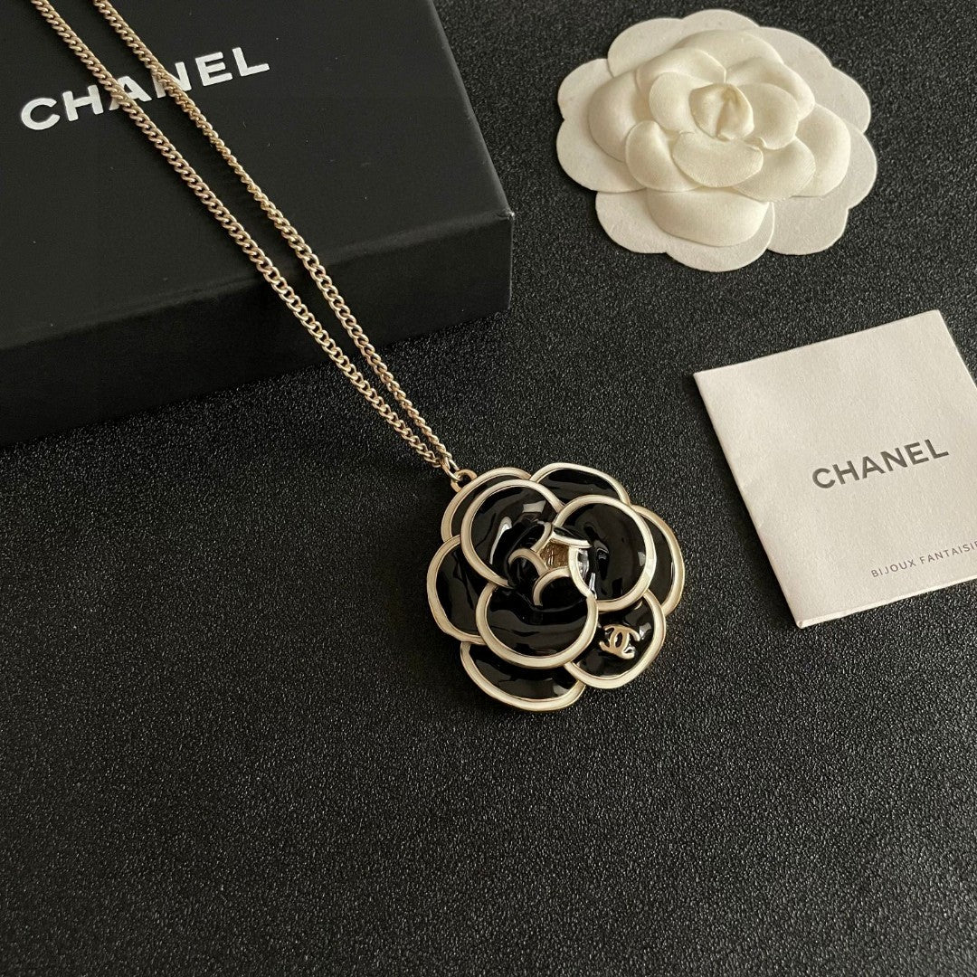 Camellia Pendant Necklace in Polished Metal-Tone – Camellia Detail – Design 027 styled product view