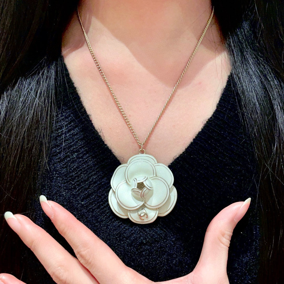 Camellia Pendant Necklace in Polished Metal-Tone – Camellia Detail – Design 028 front product view