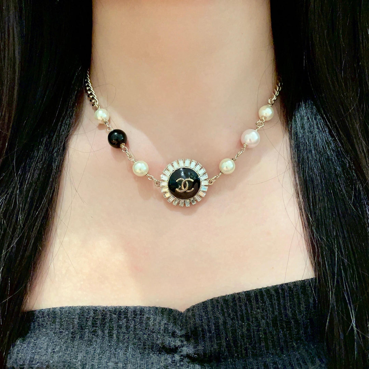 Double-C Emblem Pearl-Detail Pendant Necklace – Pearl Detail – Design 036 detail view