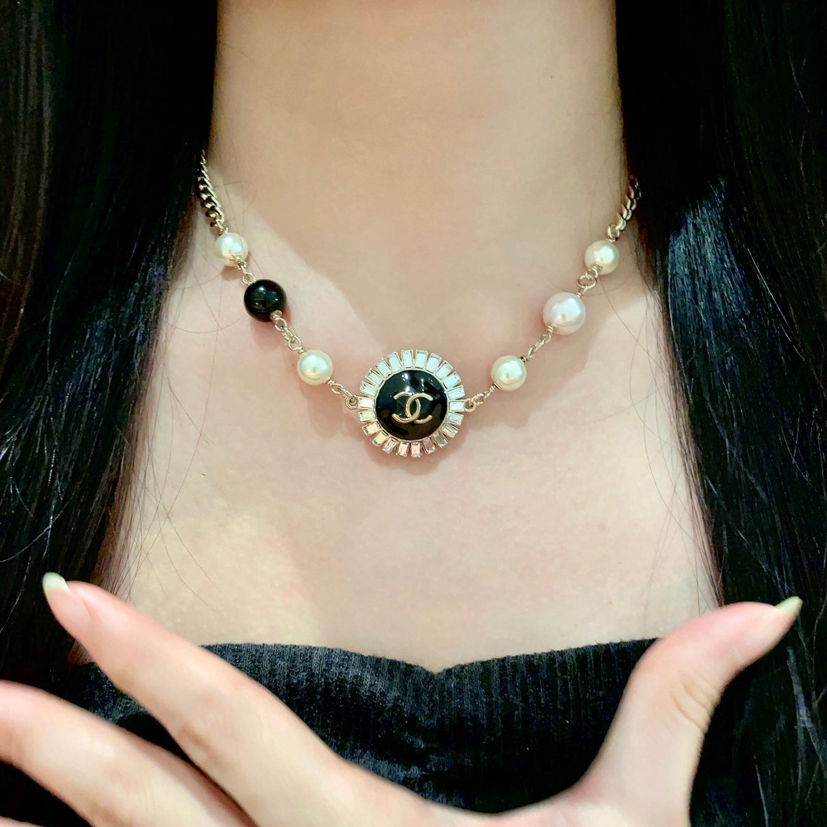 Double-C Emblem Pearl-Detail Pendant Necklace – Pearl Detail – Design 036 front product view