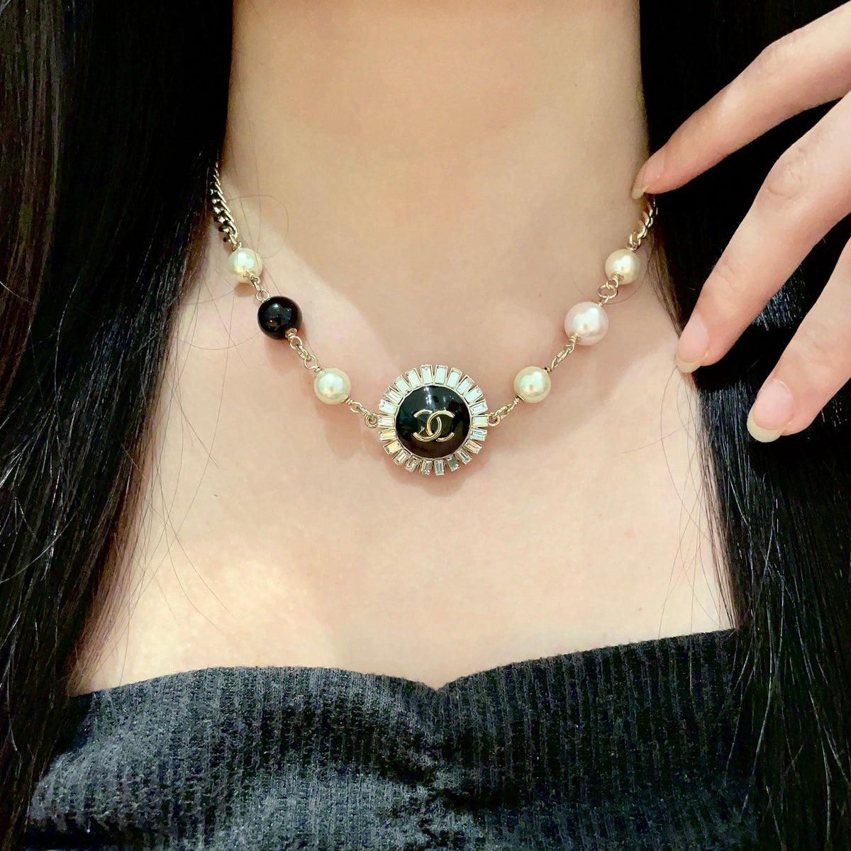 Double-C Emblem Pearl-Detail Pendant Necklace – Pearl Detail – Design 036 main product view