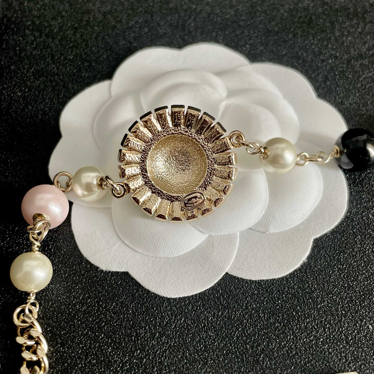 Double-C Emblem Pearl-Detail Pendant Necklace – Pearl Detail – Design 036 front product view