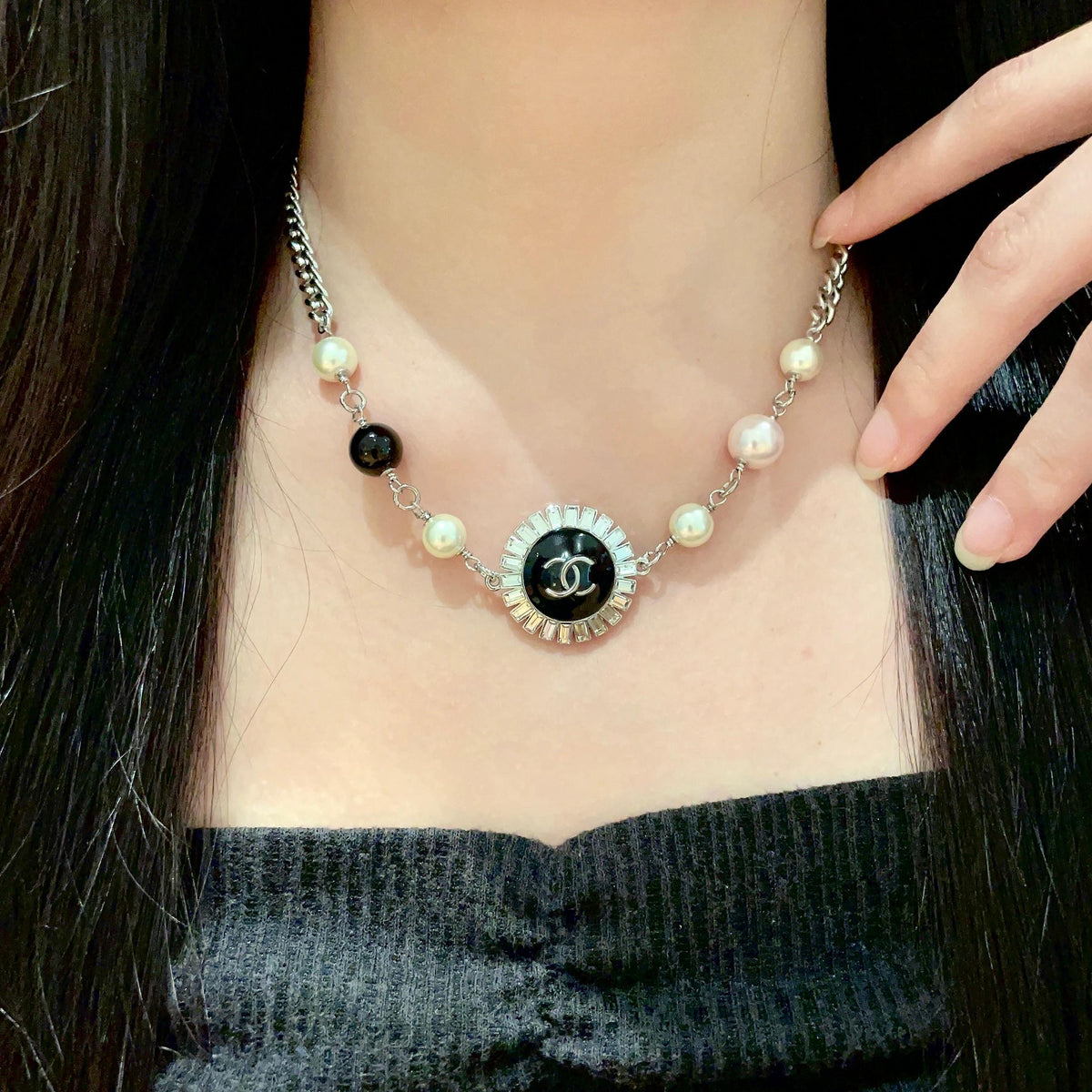 Double-C Emblem Pearl-Detail Pendant Necklace – Pearl Detail – Design 104 main product view
