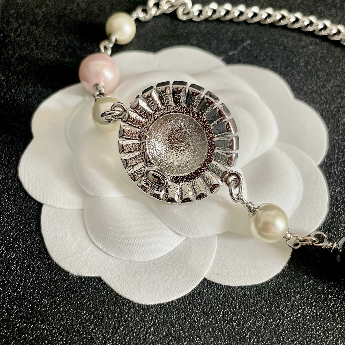 Double-C Emblem Pearl-Detail Pendant Necklace – Pearl Detail – Design 104 front product view