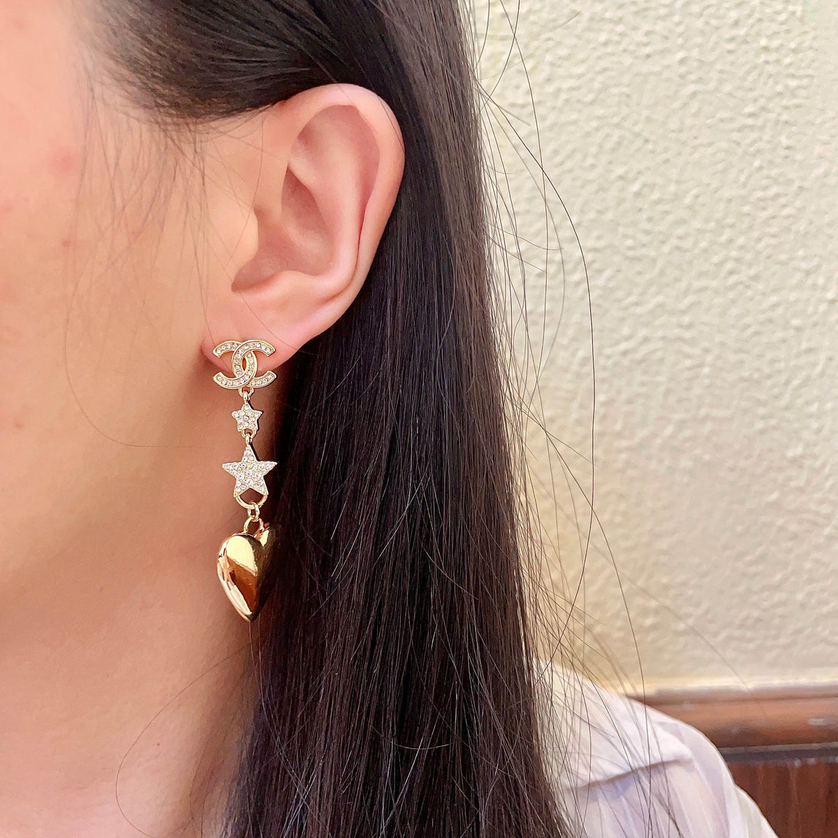 Double-C Emblem Statement Earrings in Polished Metal-Tone – Heart Detail – Design 003 detail view