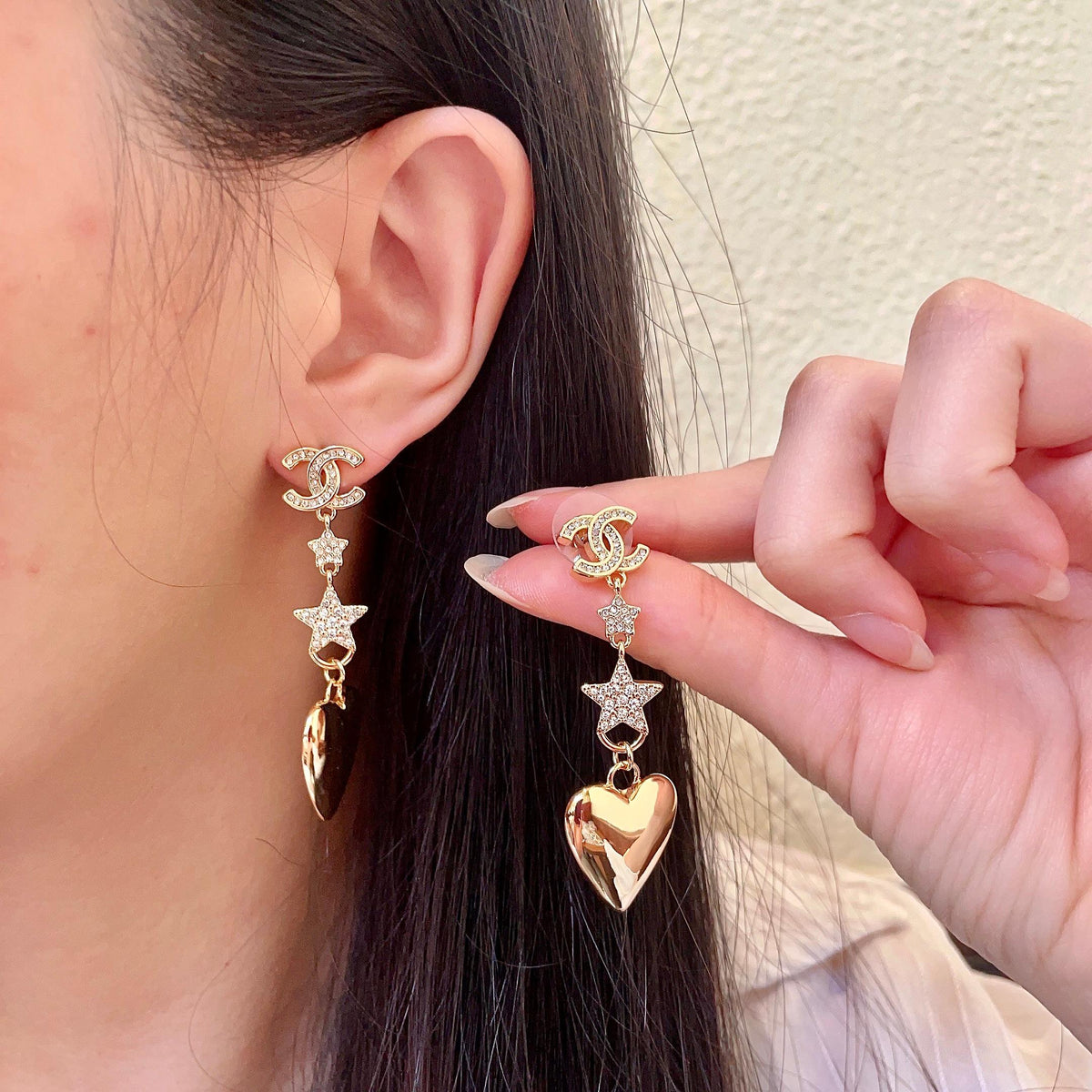 Double-C Emblem Statement Earrings in Polished Metal-Tone – Heart Detail – Design 003 main product view
