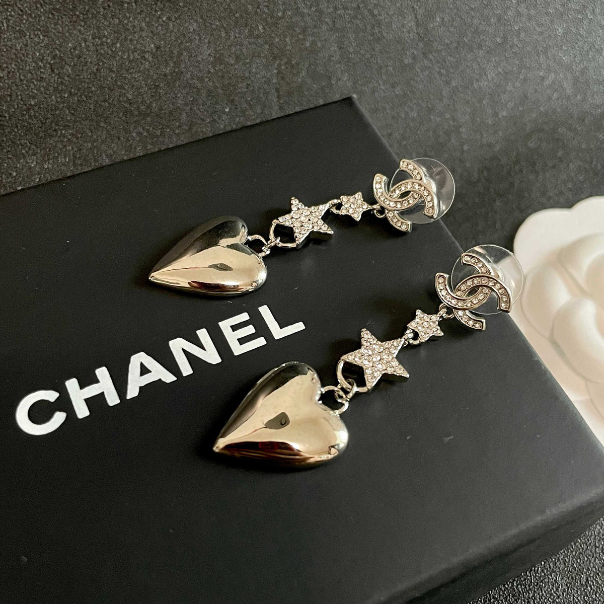 Double-C Emblem Statement Earrings in Polished Metal-Tone – Heart Detail – Design 002 detail view